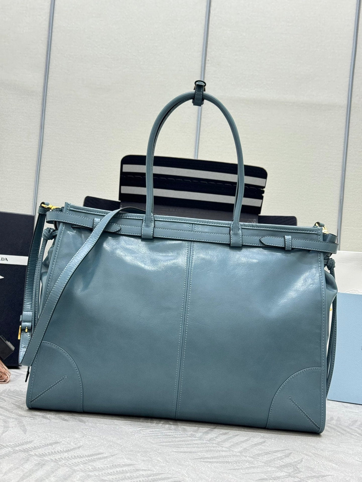 Pra Lux Soft Waxed Leather 1BA439 Extra Large 42cm Handbag Slate Blue 267473