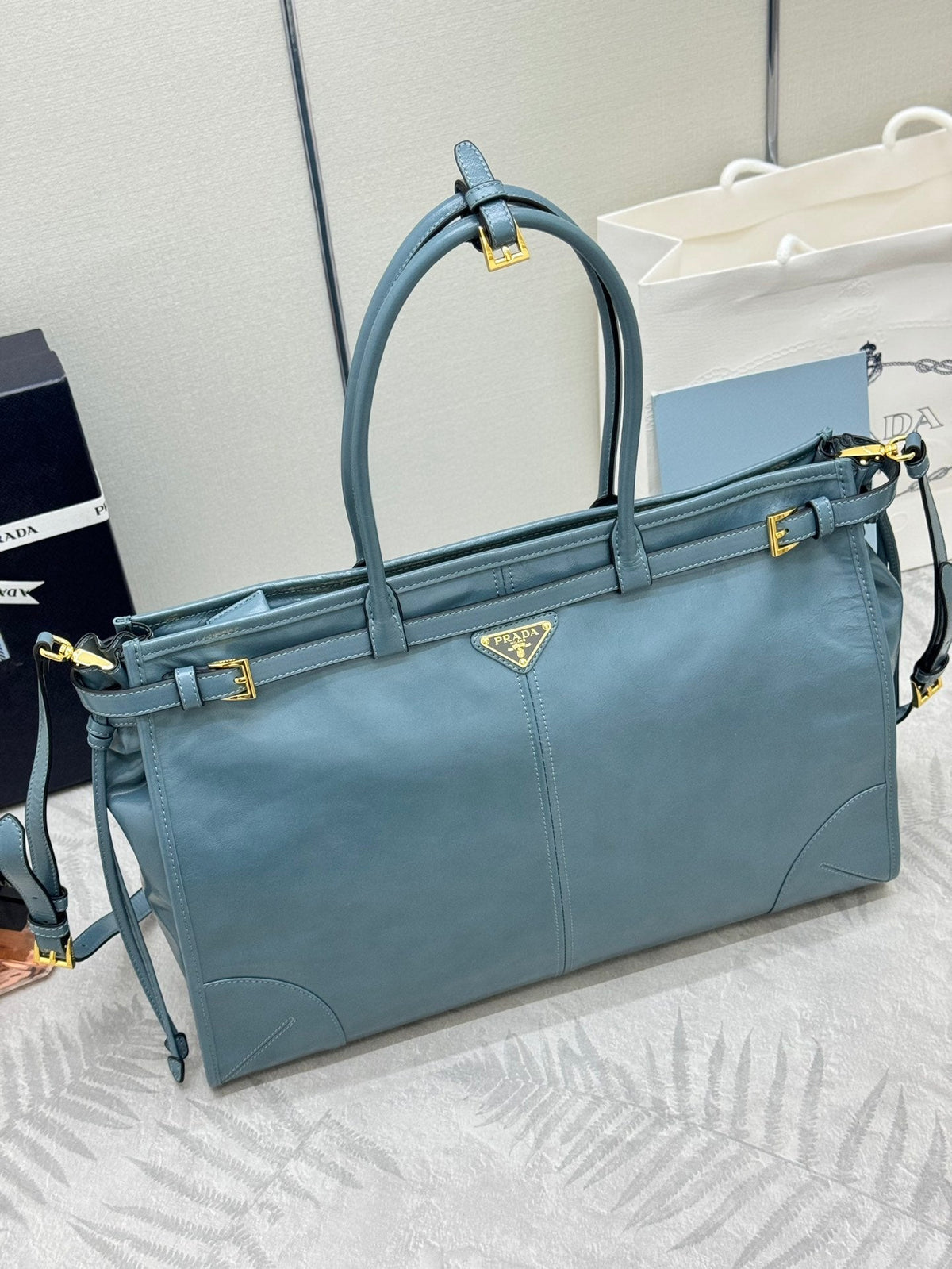 Pra Lux Soft Waxed Leather 1BA439 Extra Large 42cm Handbag Slate Blue 267473