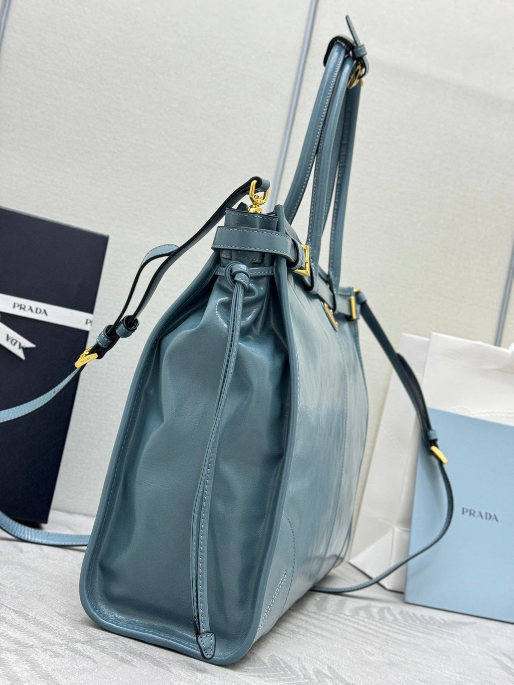 Pra Lux Soft Waxed Leather 1BA439 Extra Large 42cm Handbag Slate Blue 267473