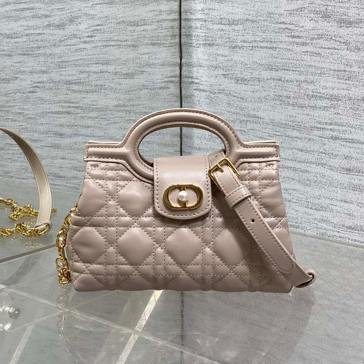 CD Jolie Top Handle Mini Chain Bag 19cm Beige Cowhide