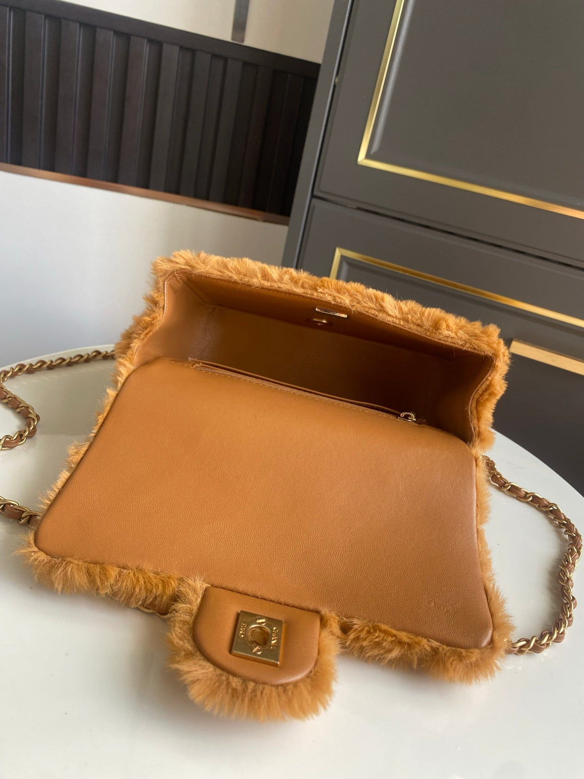 Mini CF 25 Flap Bag Brown Shearling