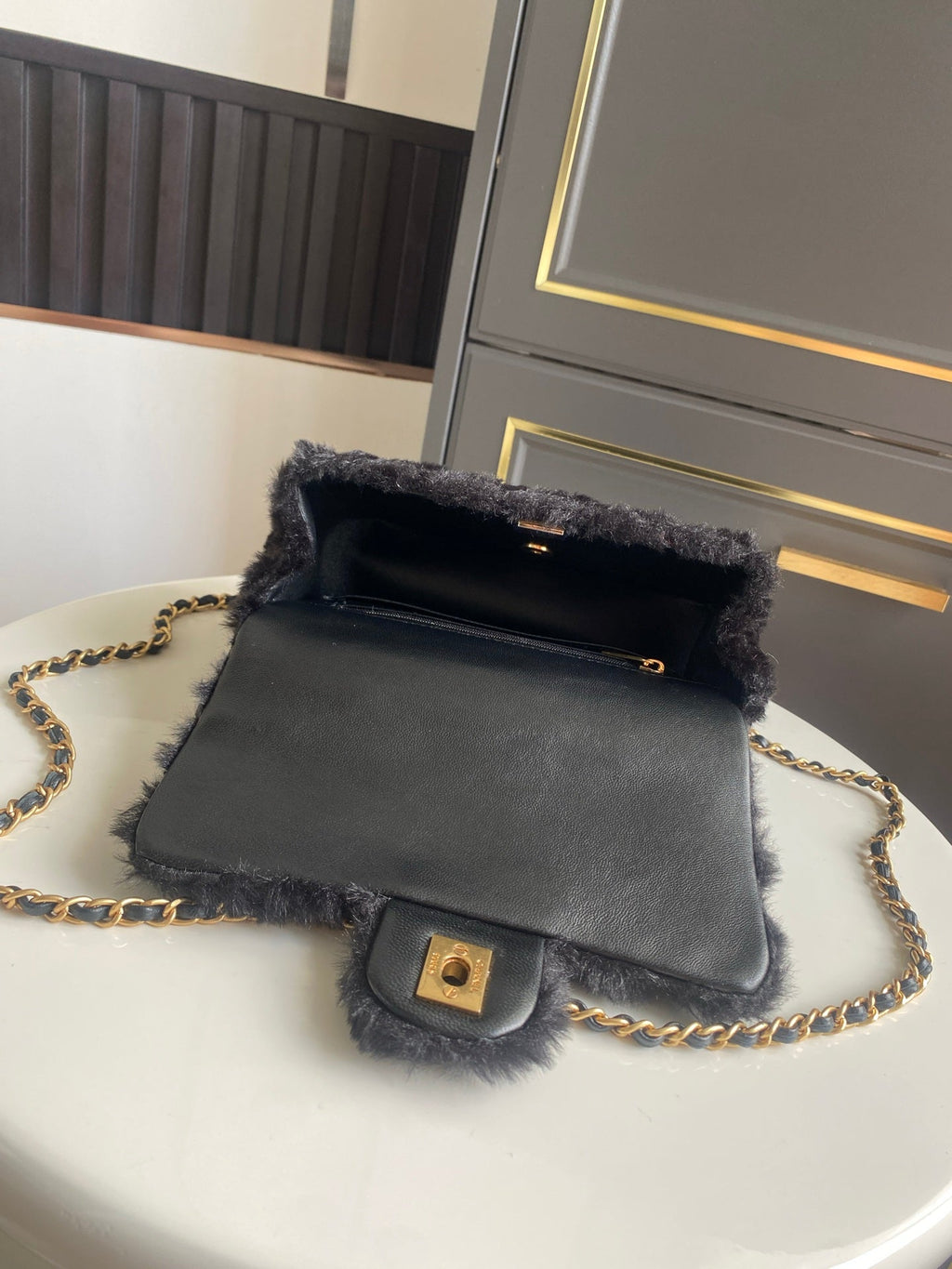 Mini CF 25 Flap Bag Black Shearling