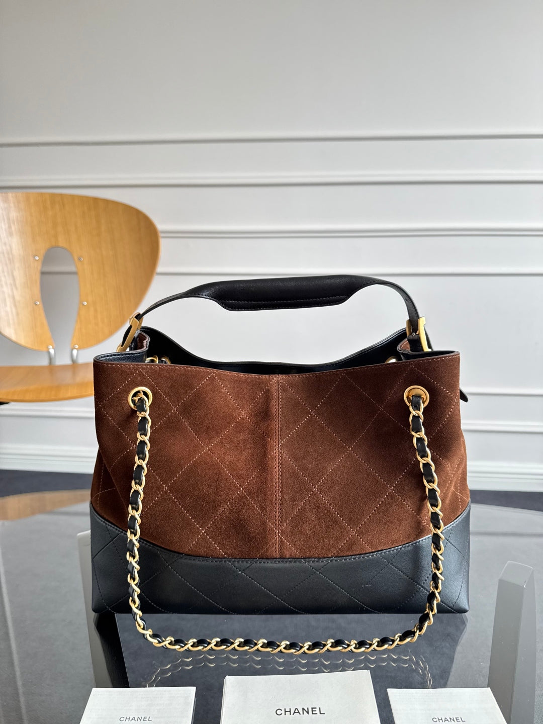 CC 25A Small Tote 36cm Chocolate Brown Suede Black Calfskin
