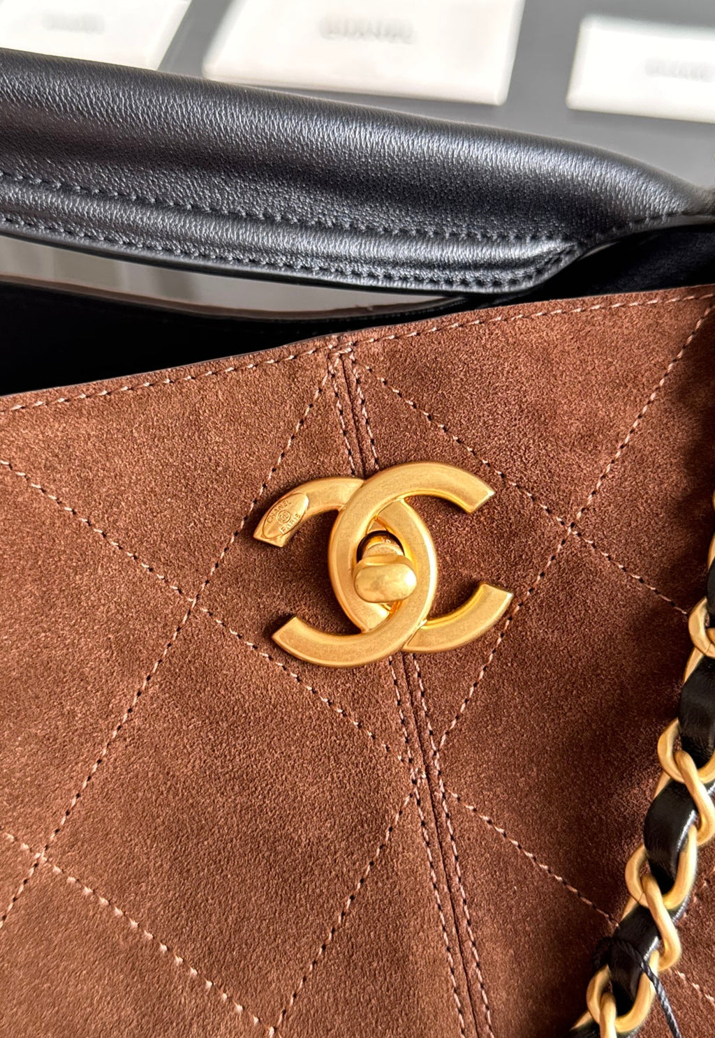 CC 25A Small Tote 36cm Chocolate Brown Suede Black Calfskin