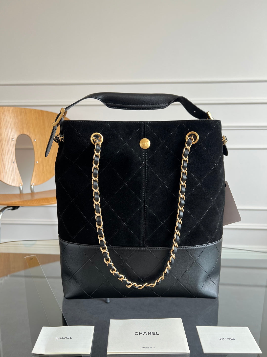 CC 25A Tote Bag Black Suede Black Calfskin