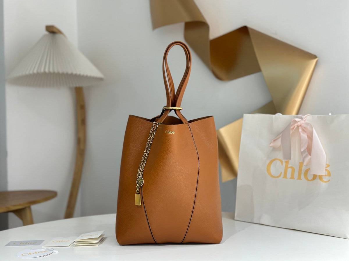 Chloe Spin Tote Bag Medium 27cm Brown Calfskin 272216