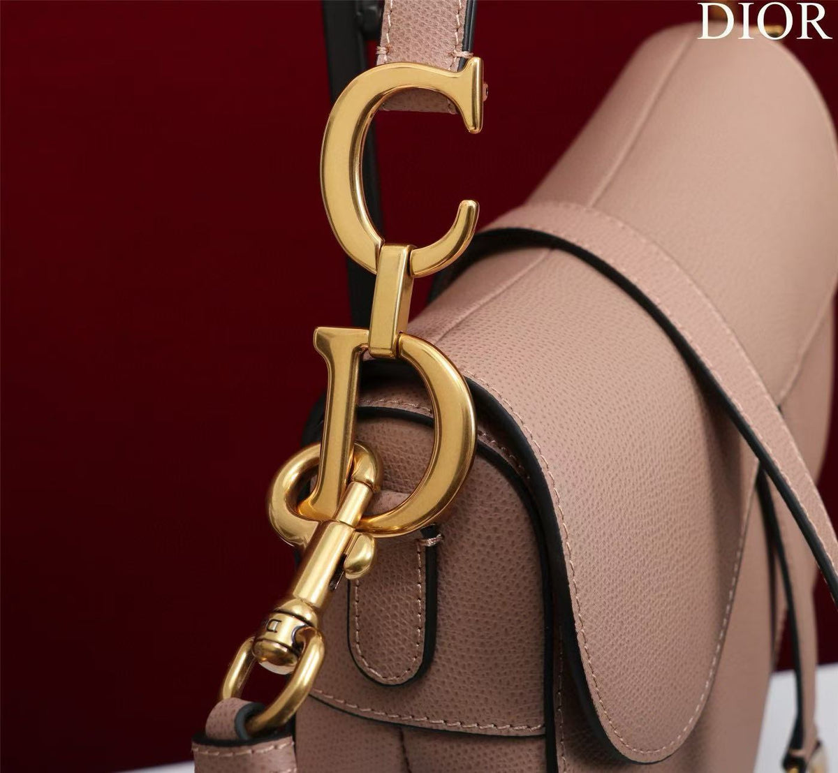 CD Saddle Bag with Strap Blush Pink Grained Calfskin
