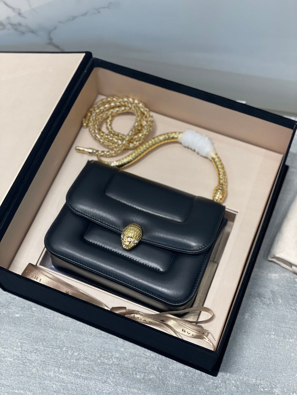 BVL Serpenti Mary Katrantzou Top Handle 19cm Black Lambskin GHW 188705