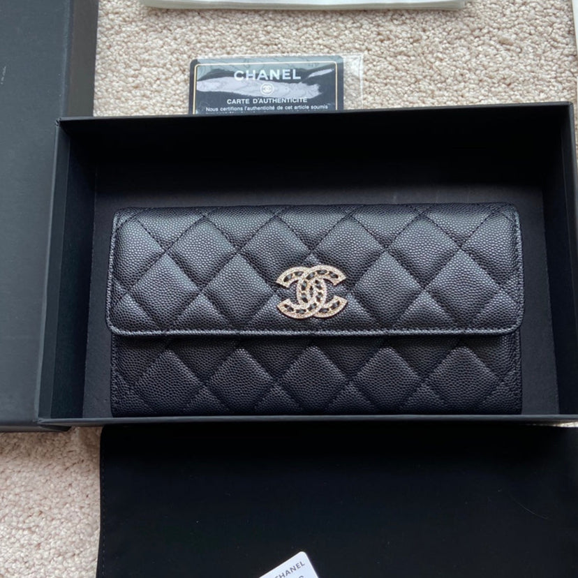 CC Classic Long Wallet 19cm Black Grained Calfskin