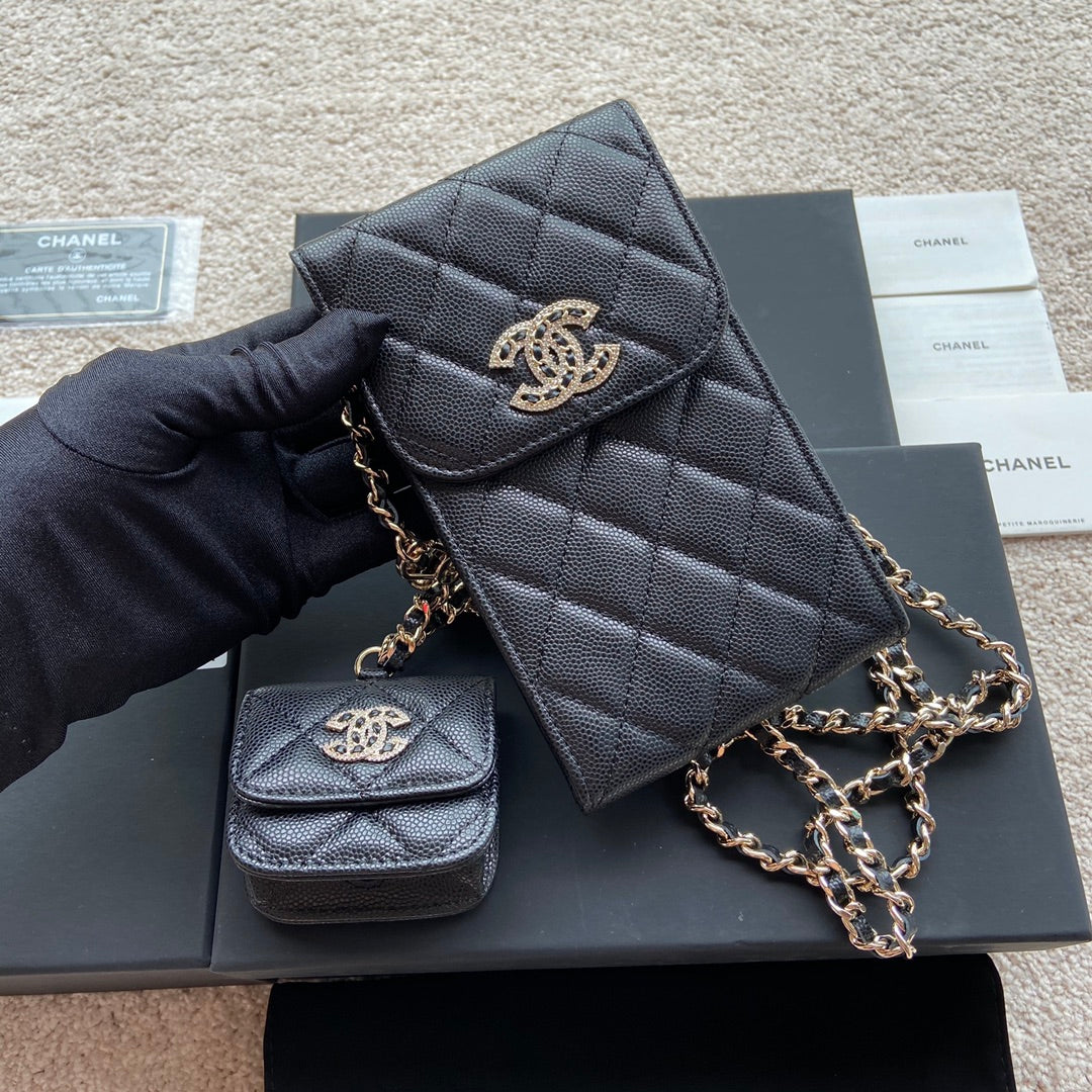 CC Phone Holder Pale & Air Pod Bag Black Caviar Diamond Hardware 229776