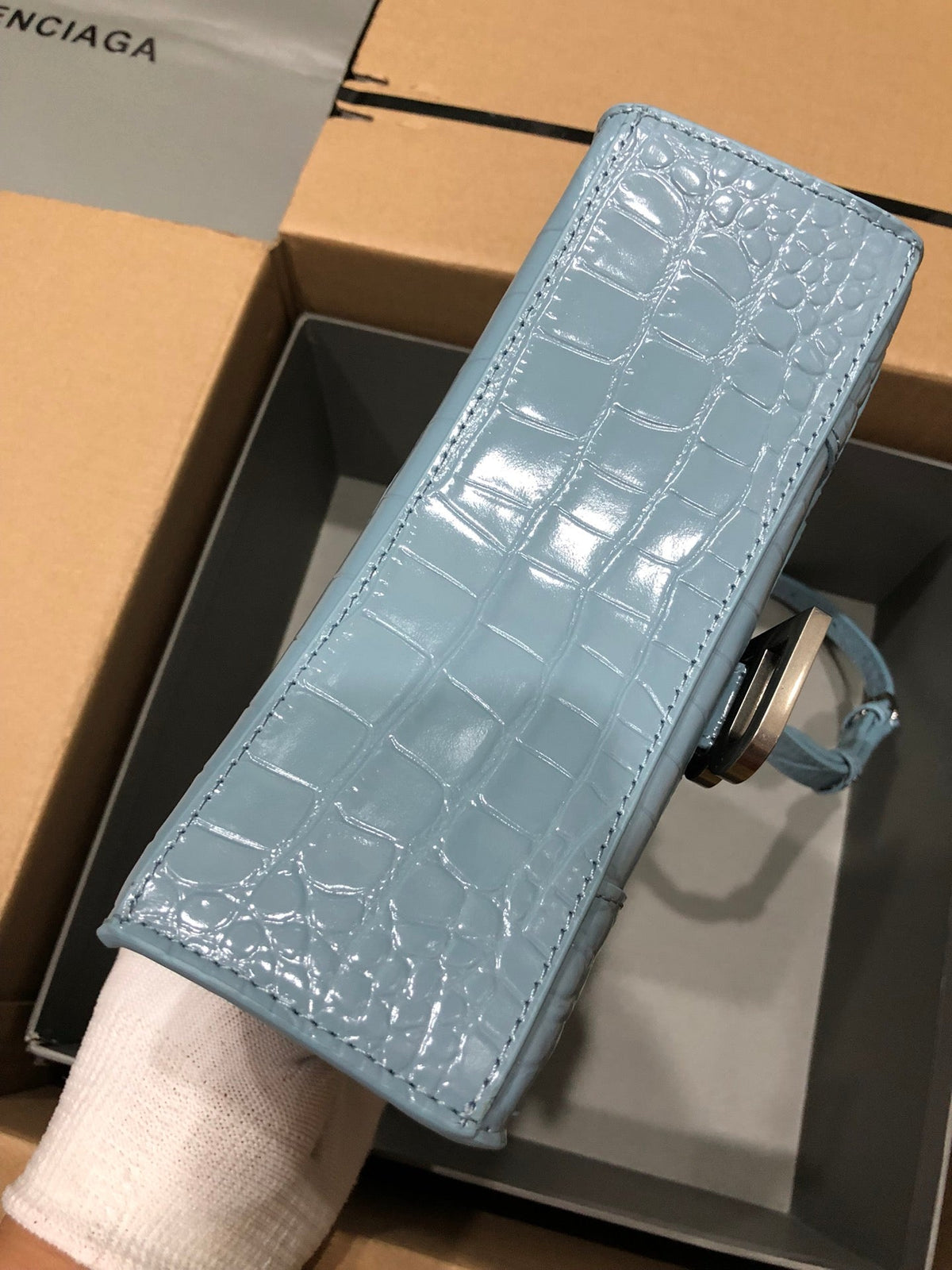 Balenciaga Hourglass bag light blue crocodile skin