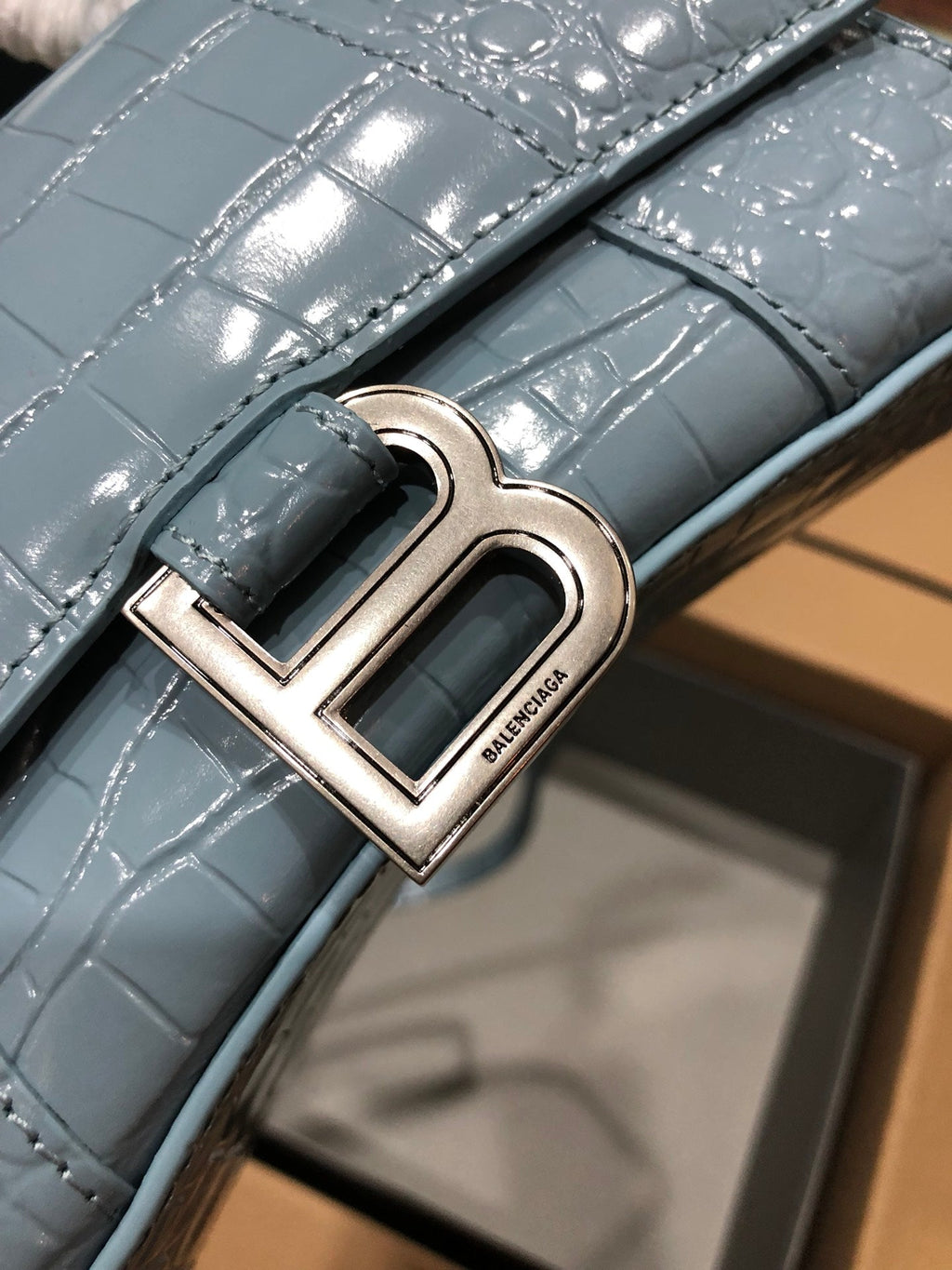 Balenciaga Hourglass bag light blue crocodile skin