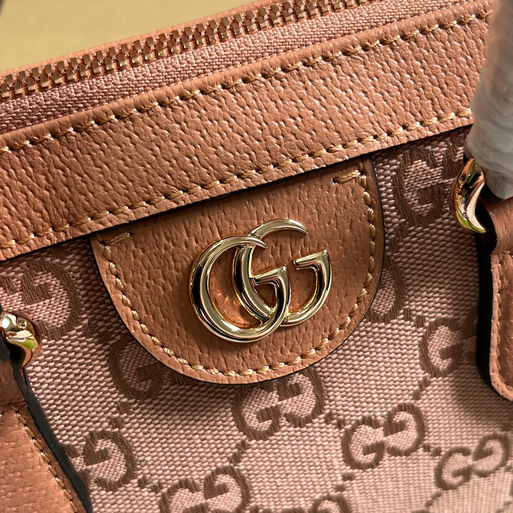 GG OPHIDIA SMALL 24 TOTE BAG IN BLUSH PINK CANVAS AND CALFSKIN