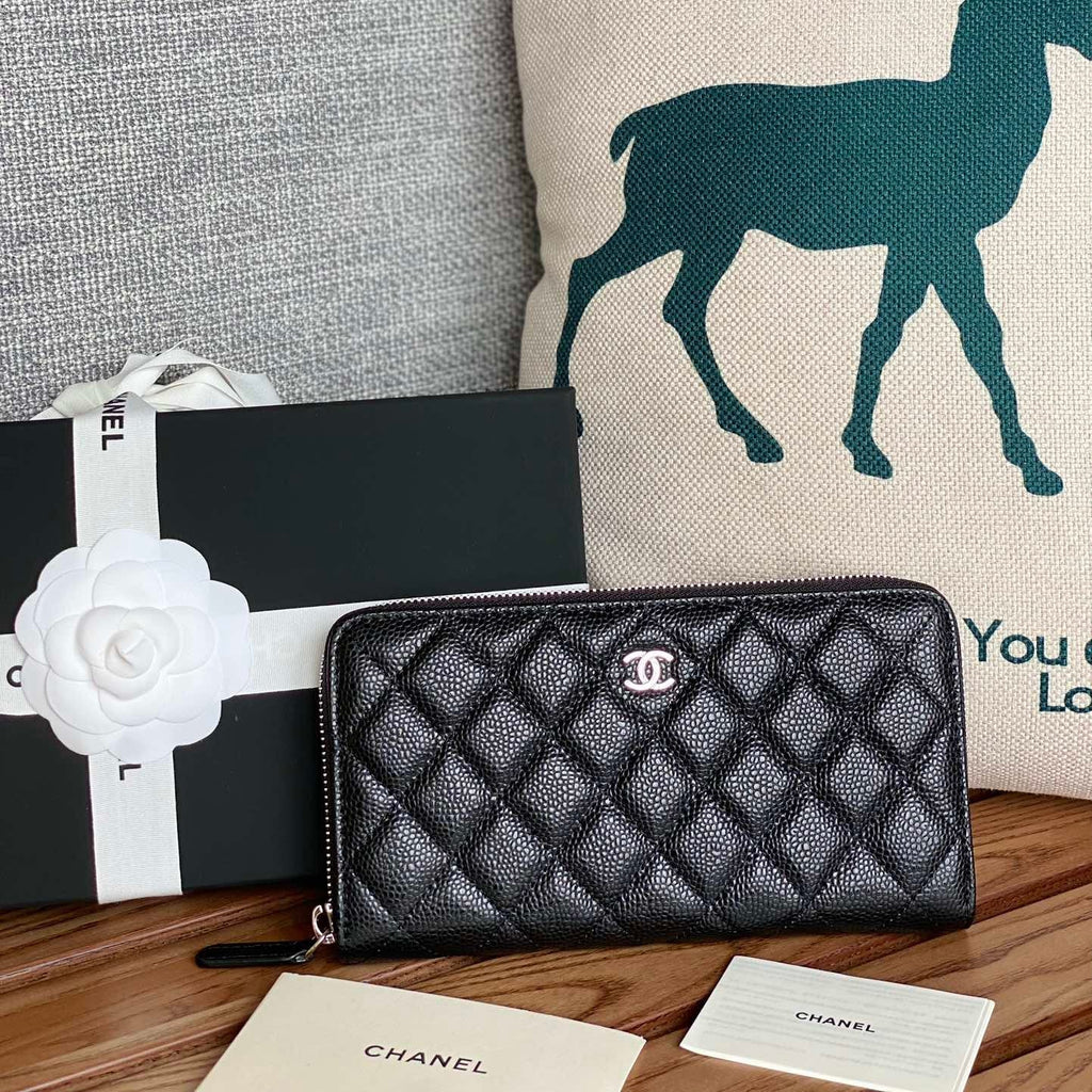 CC Zippy Long Wallet 19.5cm Black Caviar Sliver Steel 223947