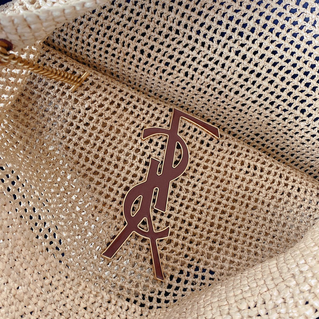 icare 58cm woven raffia brown calfskin