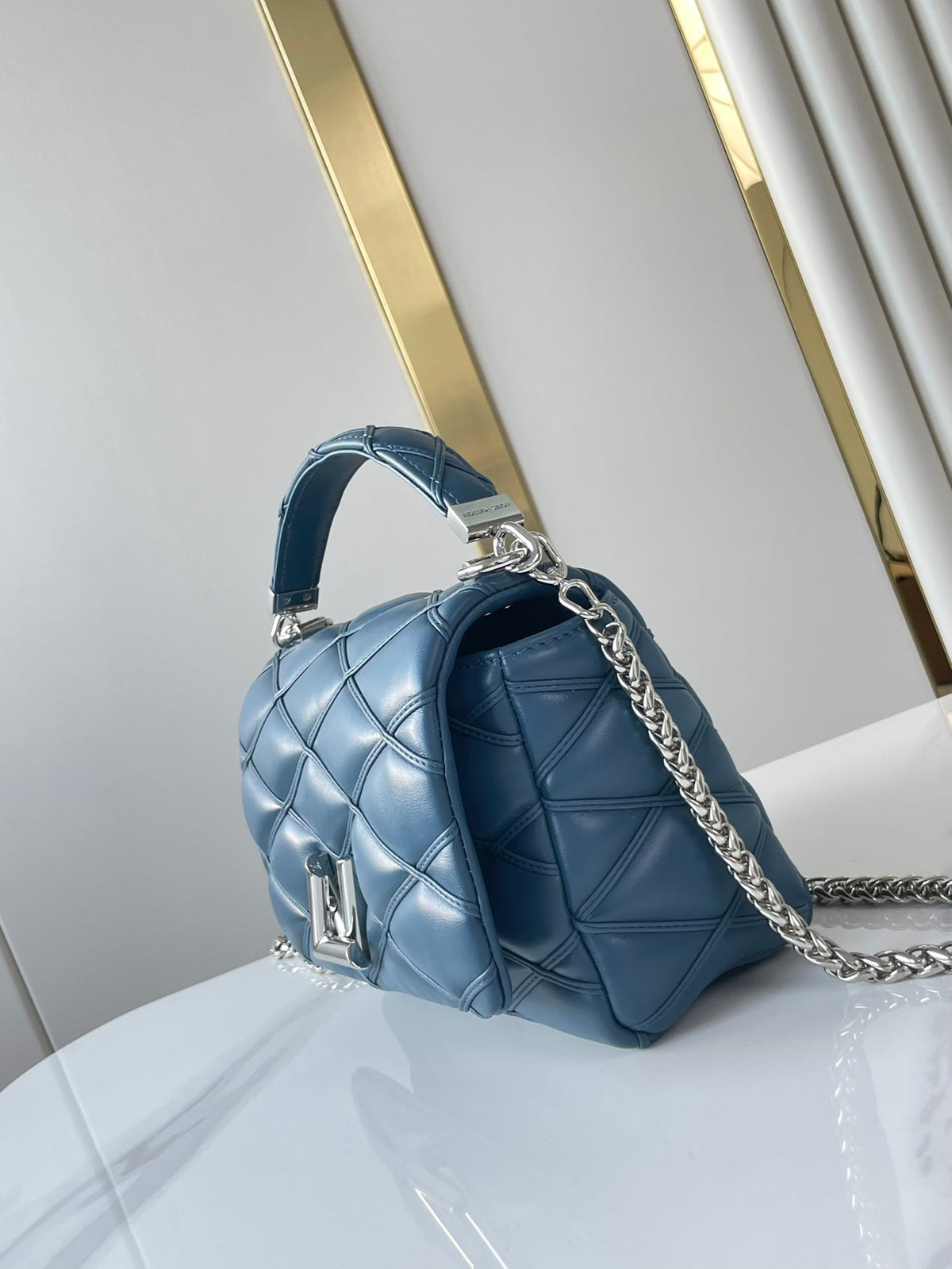 GO-14 PM 20 IN INDIGO DYE QUILTED LAMBSKIN SILVER HARDWARE