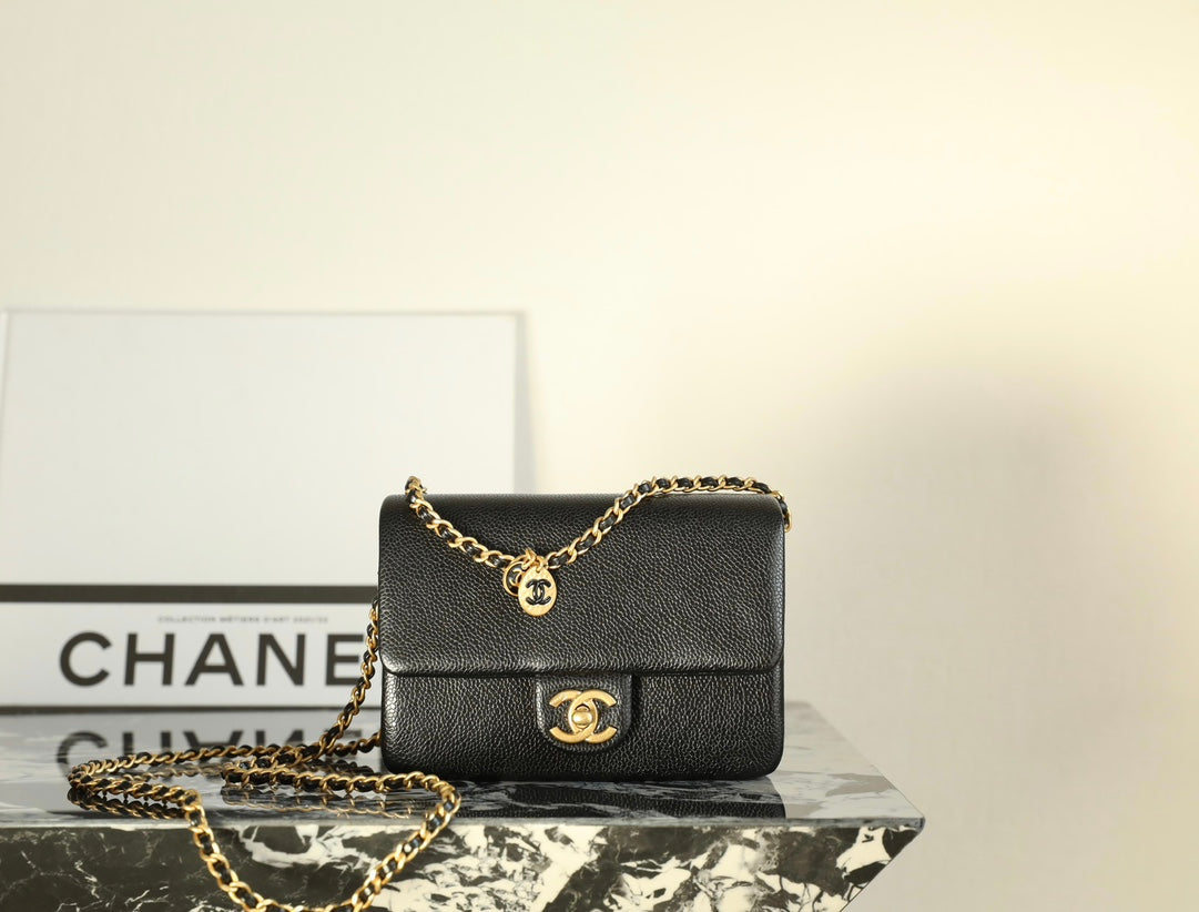 CC Caviar Flap Bag 17.5 Gold Logo Black Calfskin