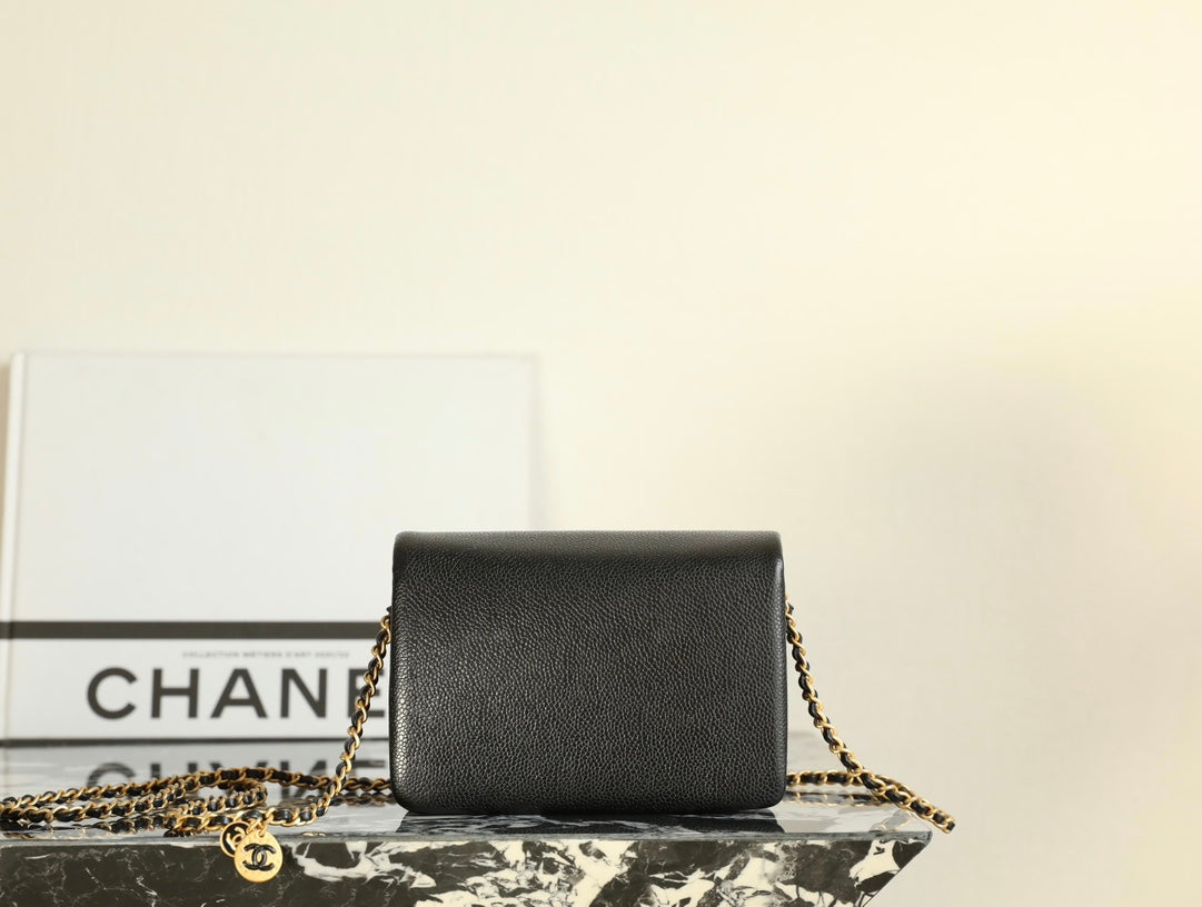 CC Caviar Flap Bag 17.5 Gold Logo Black Calfskin
