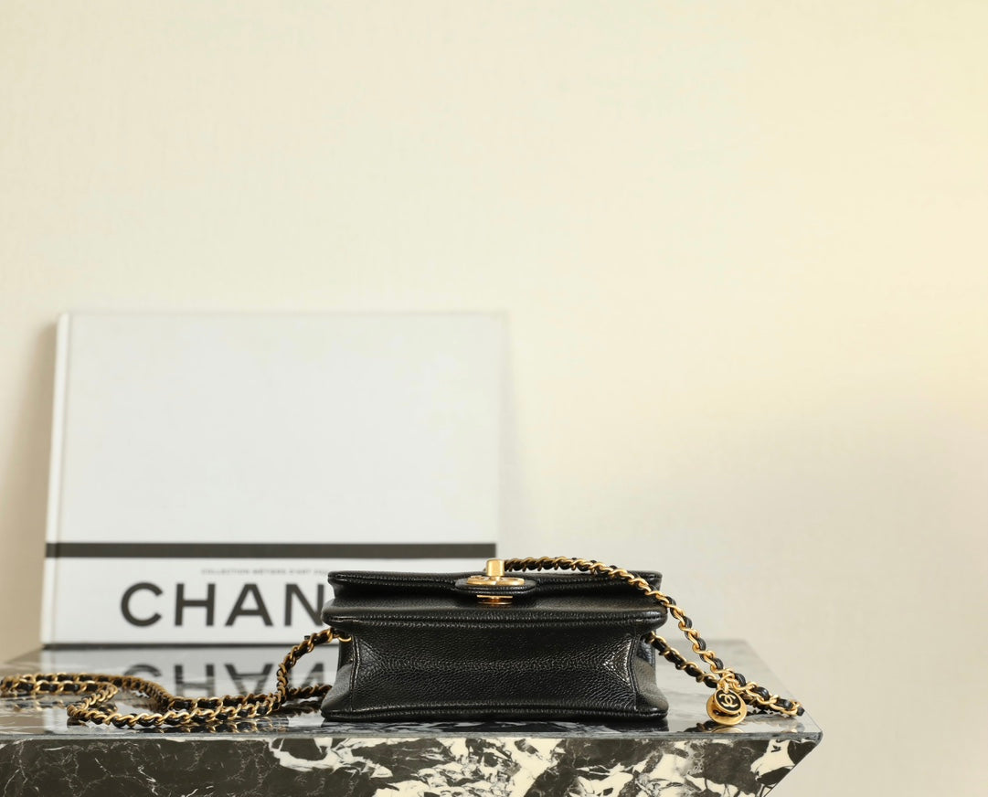 CC Caviar Flap Bag 17.5 Gold Logo Black Calfskin
