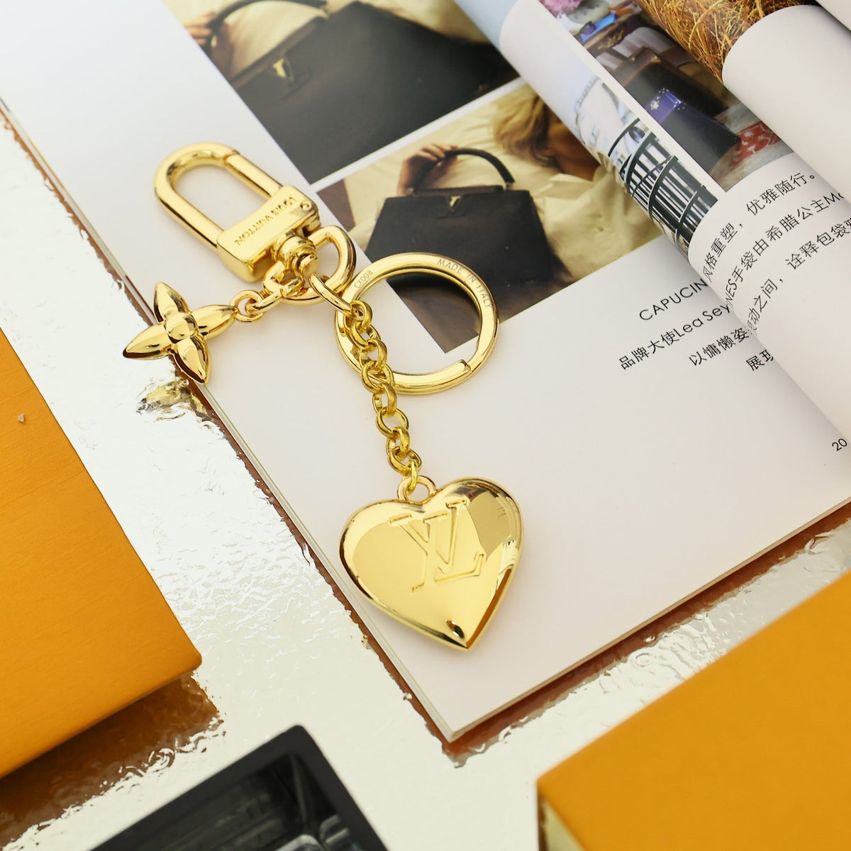 LV Gold Heart-shaped Keychain Bag Charm