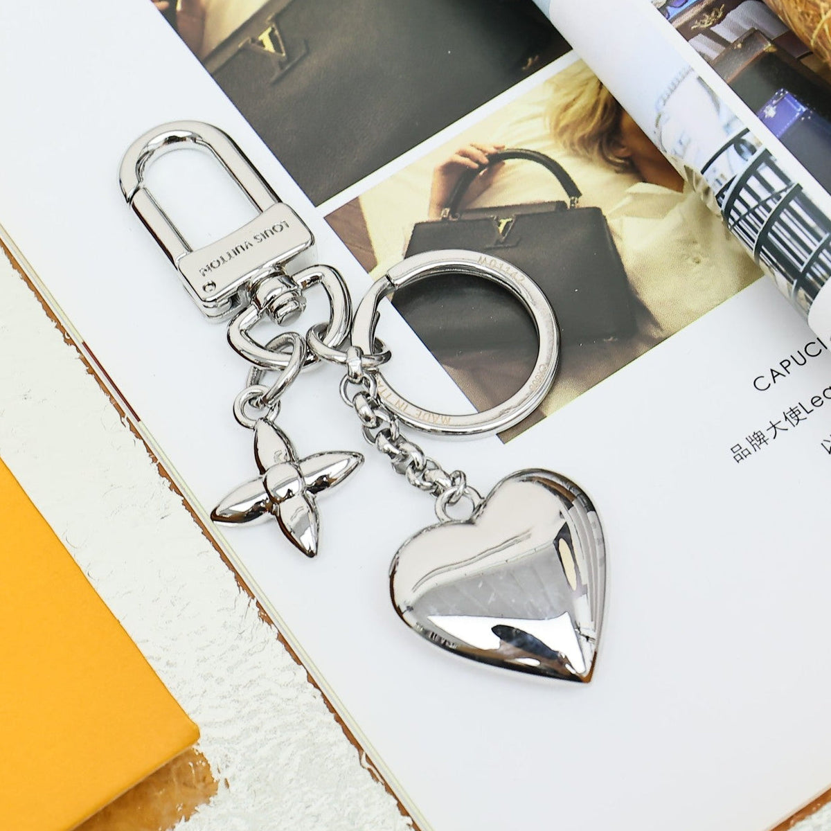 LV Silver Heart-shaped Keychain Bag Charm