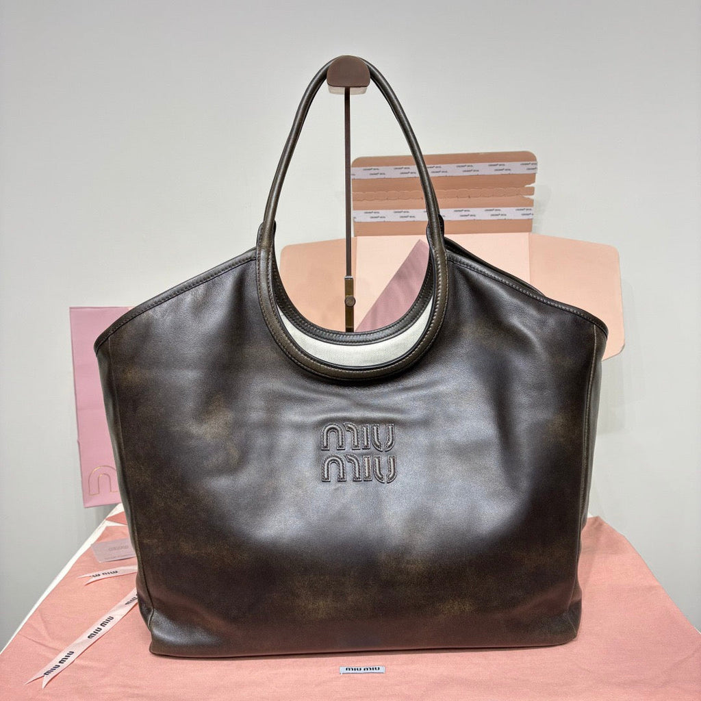 Miu IVY Leather Tote Bag Coffee Brown Nappa Leather