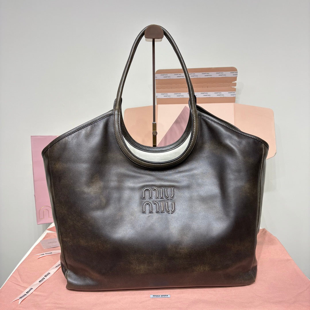 Miu IVY Leather Tote Bag Coffee Brown Nappa Leather