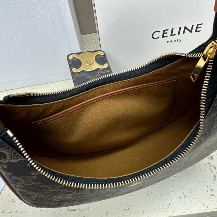 Celine Ava Bag 23cm Triomphe Canvas Black Dark Brown Calfskin
