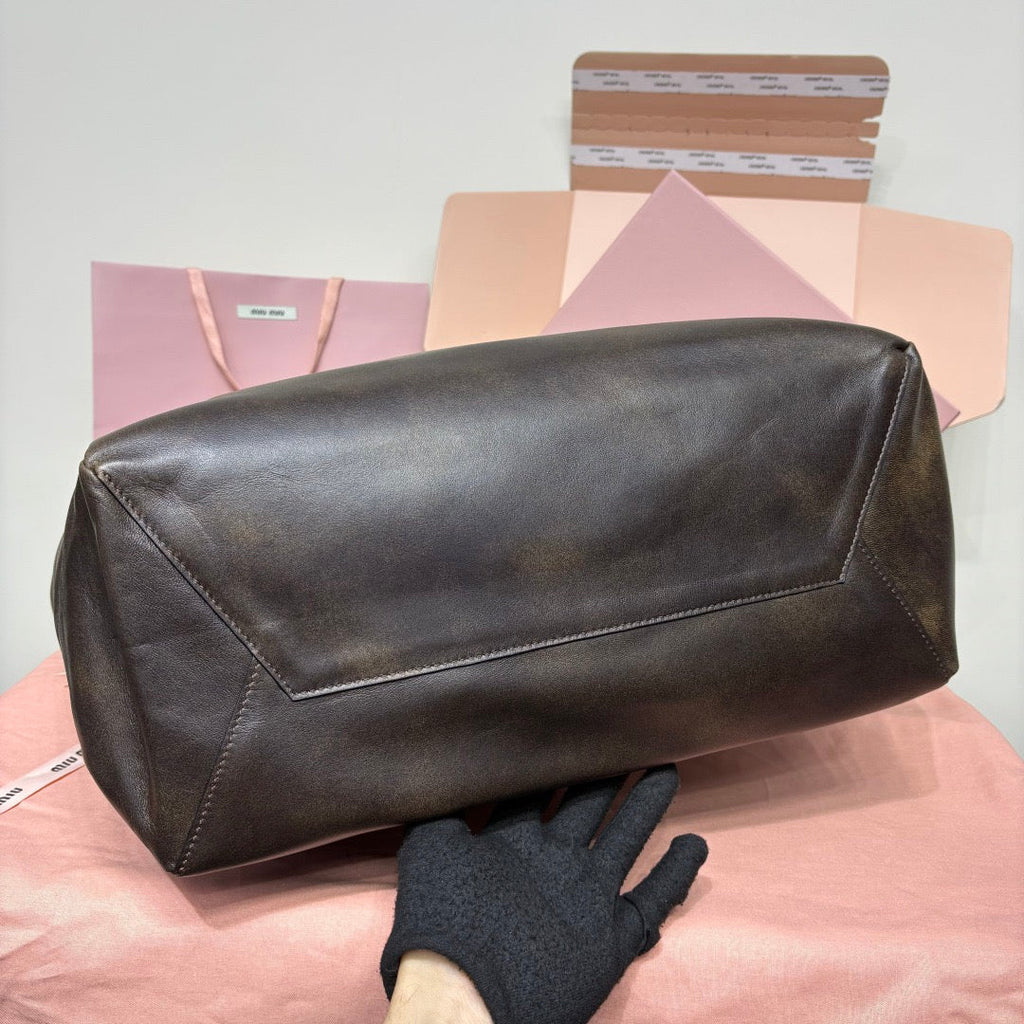 Miu IVY Leather Tote Bag Coffee Brown Nappa Leather