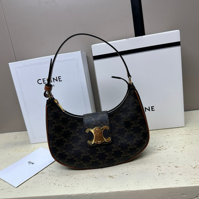 Celine Ava Bag 23cm Triomphe Canvas Black Dark Brown Calfskin