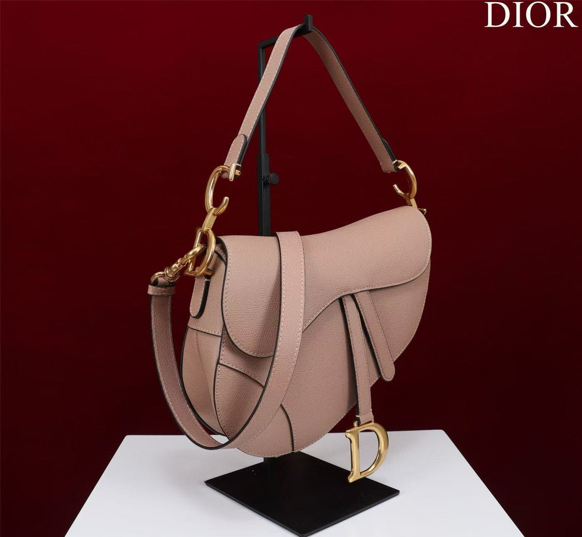 CD Saddle Bag with Strap Blush Pink Grained Calfskin
