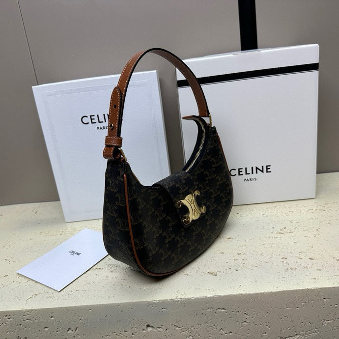 Celine Ava Bag 23cm Triomphe Canvas Black Dark Brown Calfskin