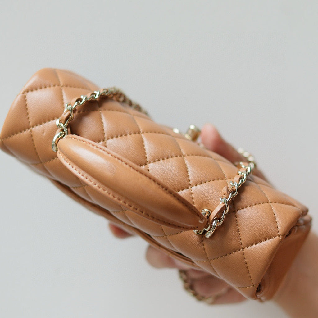 Mini Flap Bag With Top Handle 20cm Brown Lambskin Light Gold Hardware