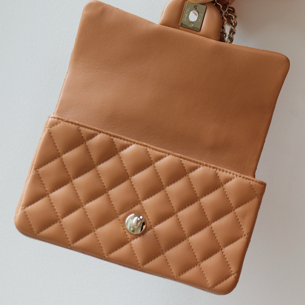 Mini Flap Bag With Top Handle 20cm Brown Lambskin Light Gold Hardware