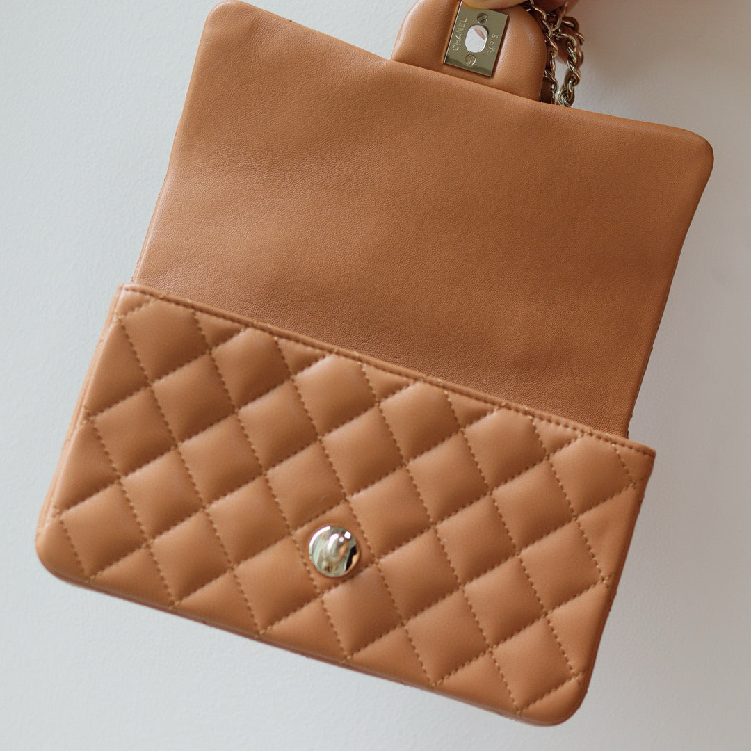 Mini Flap Bag With Top Handle 20cm Brown Lambskin Light Gold Hardware