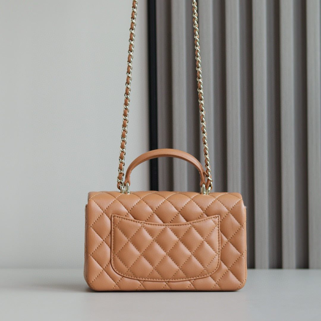 Mini Flap Bag With Top Handle 20cm Brown Lambskin Light Gold Hardware