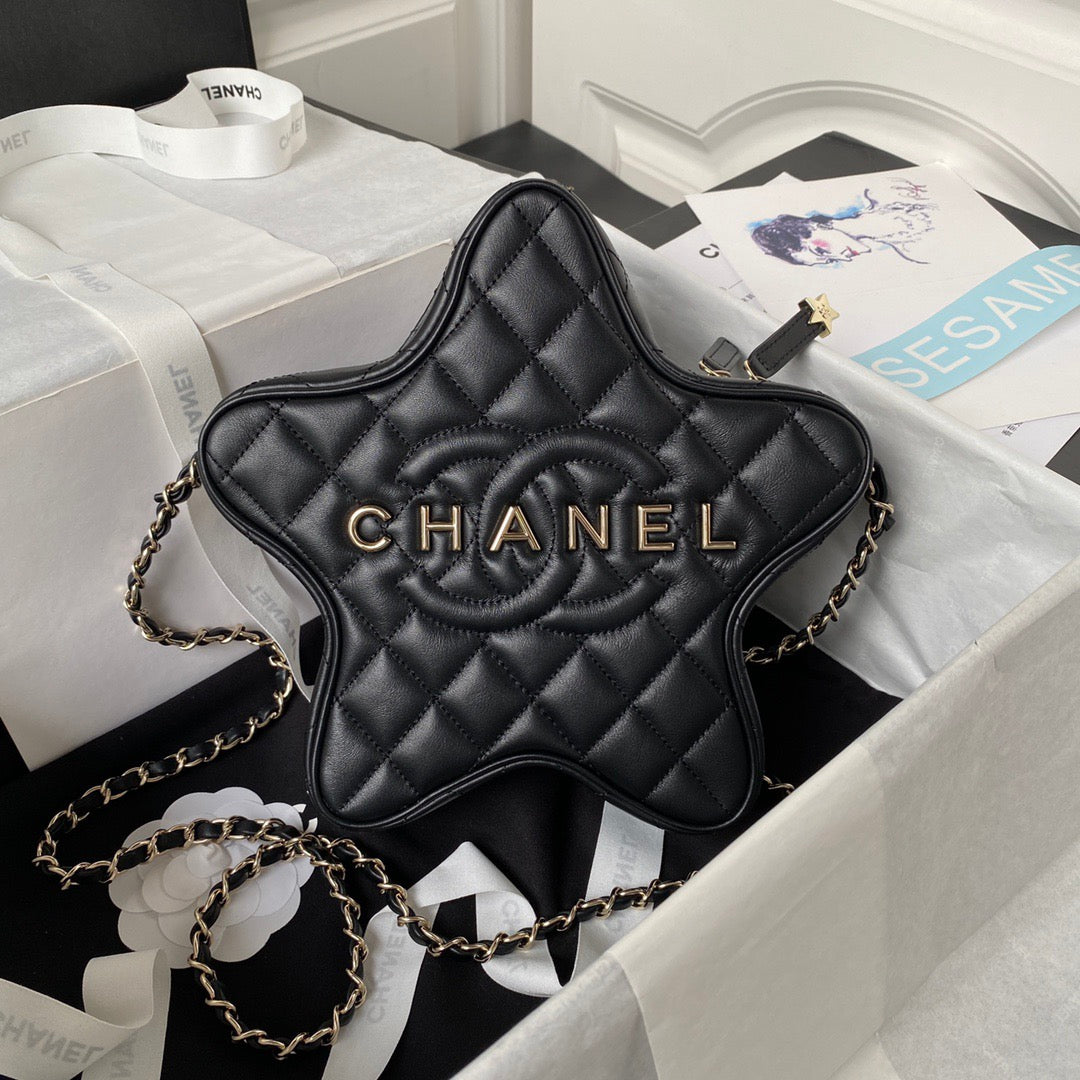24C Star Bag 22.5cm Black Calfskin Gold Hardware