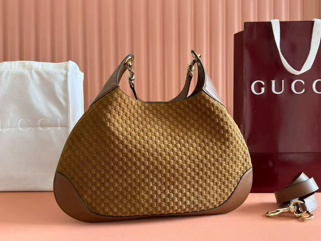 Gucci B Medium Shoulder Bag Brown Suede Leather