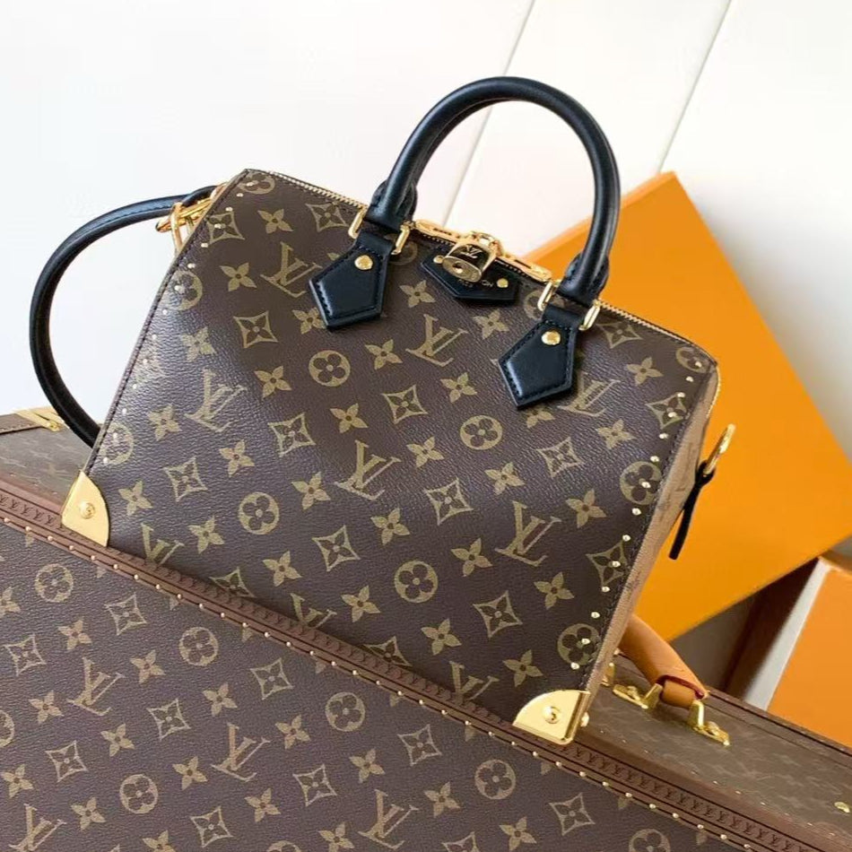 LV Speedy Trunk Bag 27cm Black Brown Cowhide Canvas