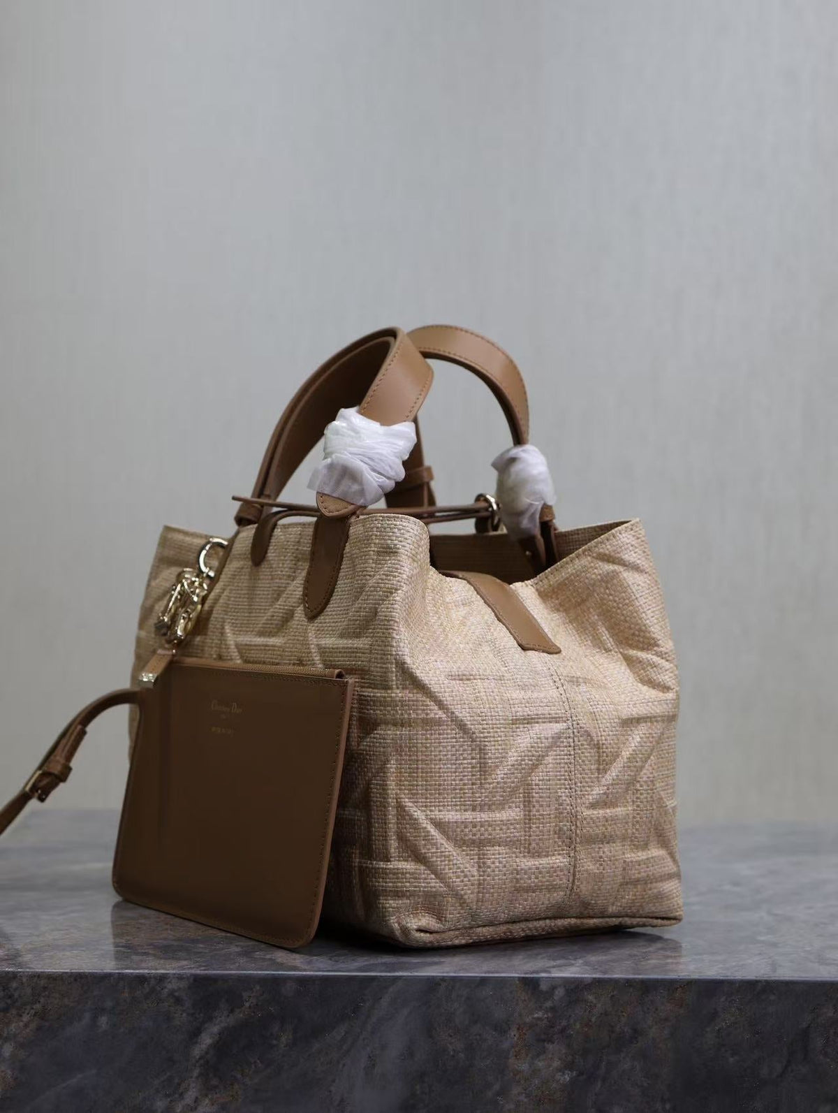 CD Toujours Medium Tote Bag 28cm Brown Coconut Fiber Weaving Paired with Cowhide