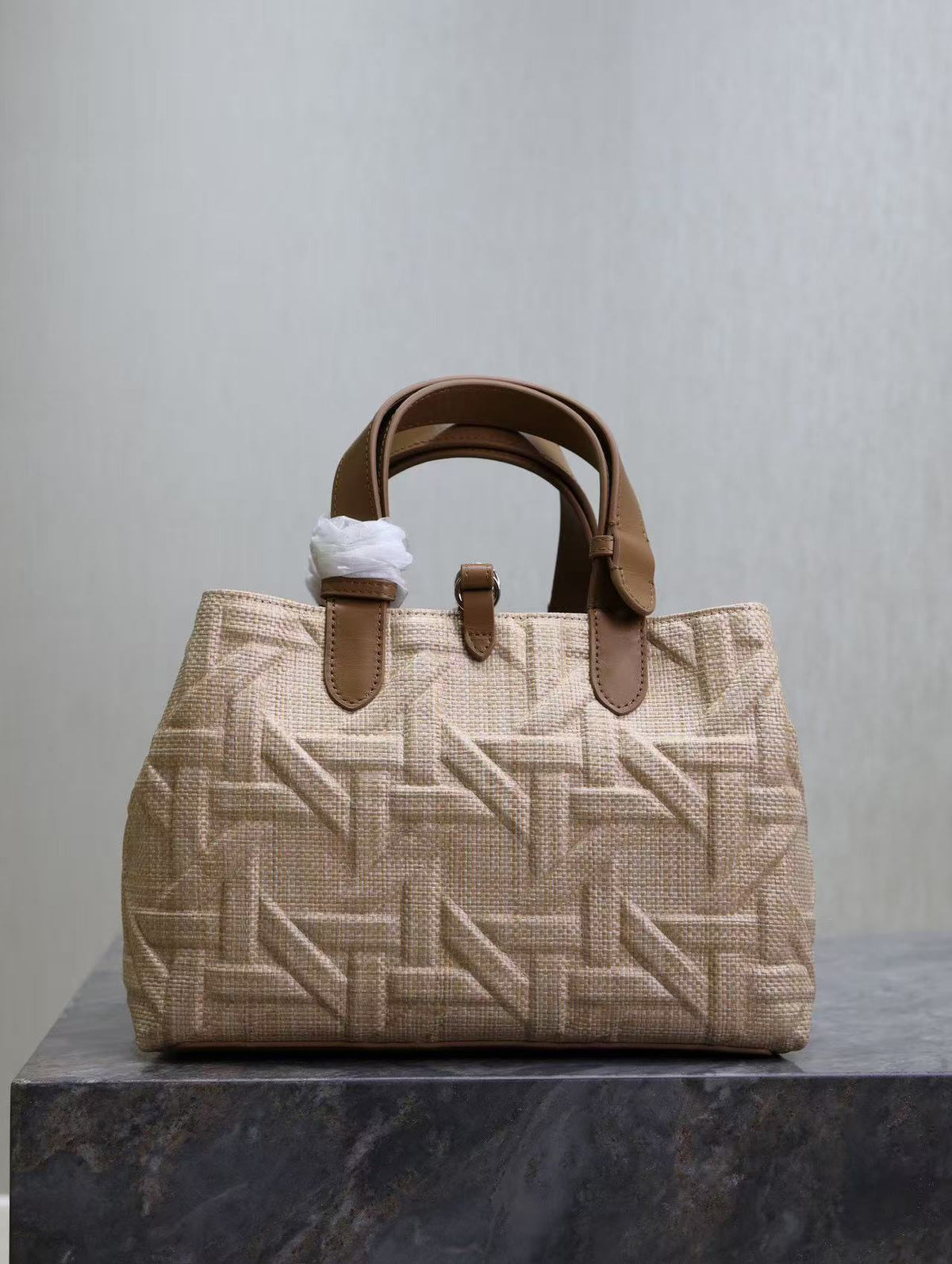 CD Toujours Medium Tote Bag 28cm Brown Coconut Fiber Weaving Paired with Cowhide