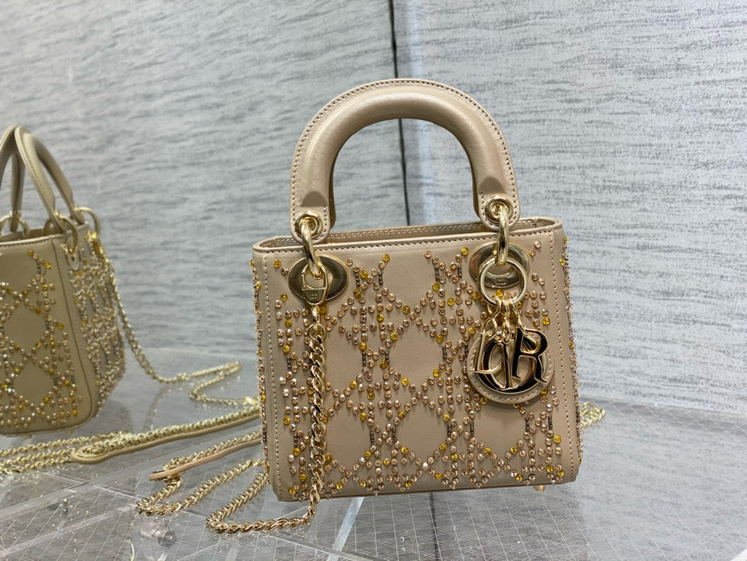 CD Lady Dior 17cm Bag Gold Diamond Silk