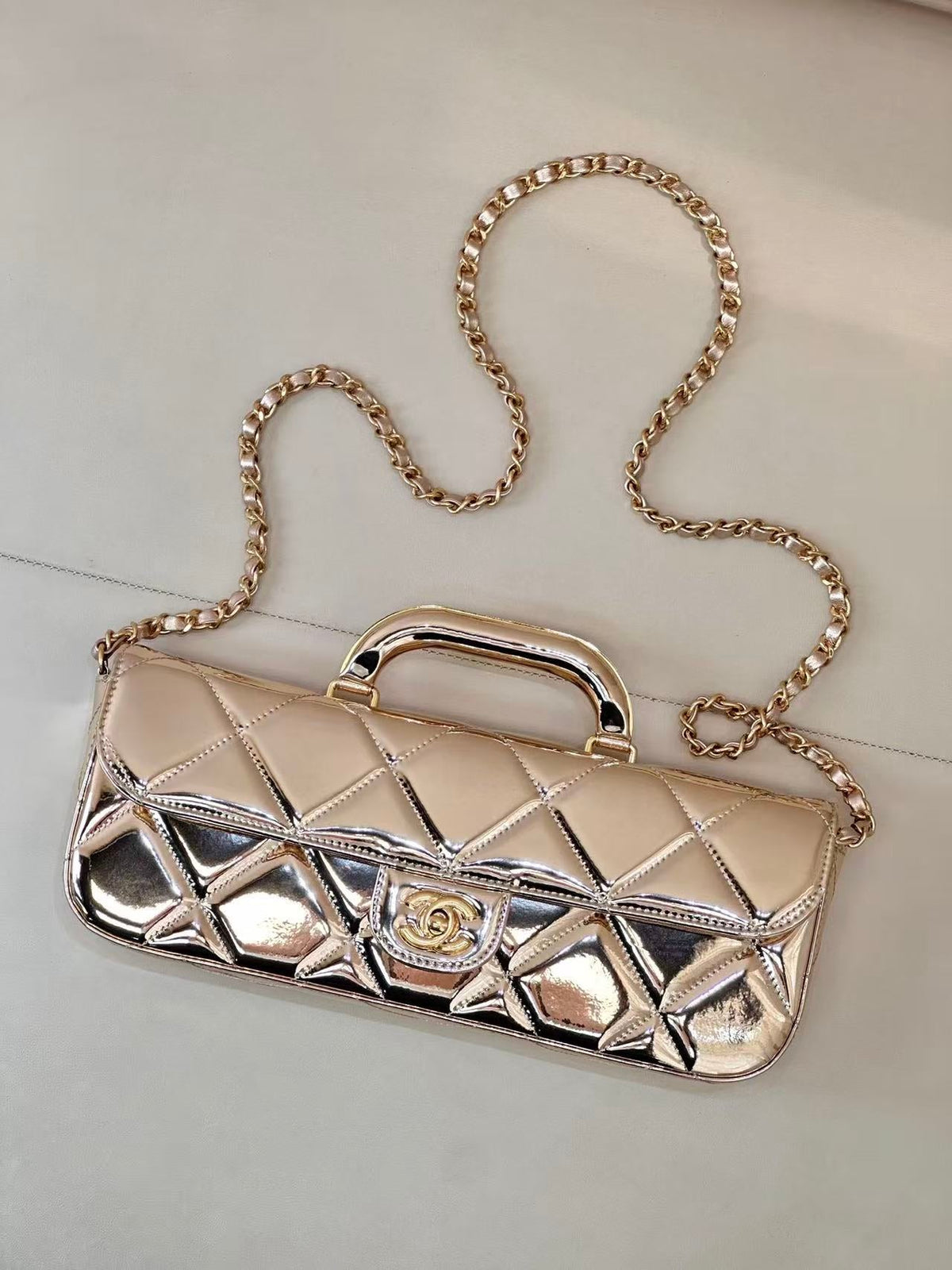 CC 25K Large Flap Bag with Top Handle Chain Strap Gold Metalic Patent Calfskin GHW
