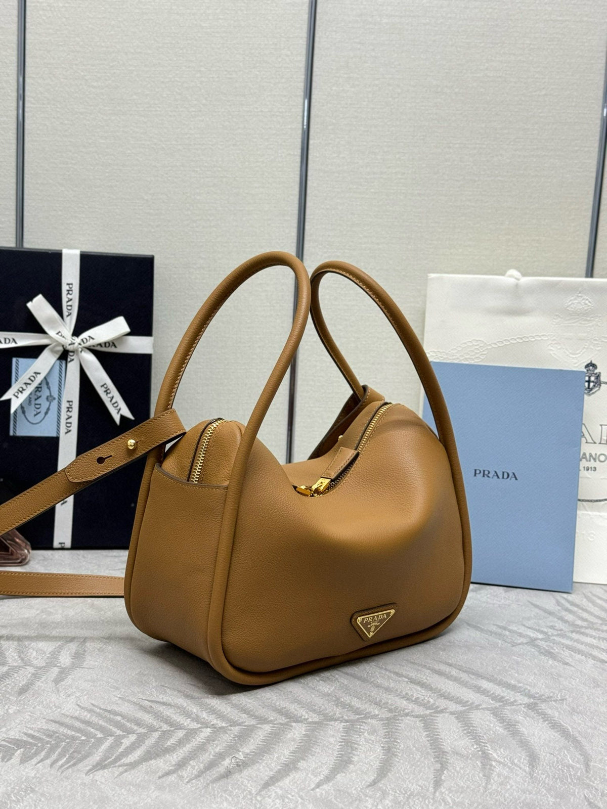 Prada Darling Medium 25cm Tote Bag Caramel Graine Calfskin