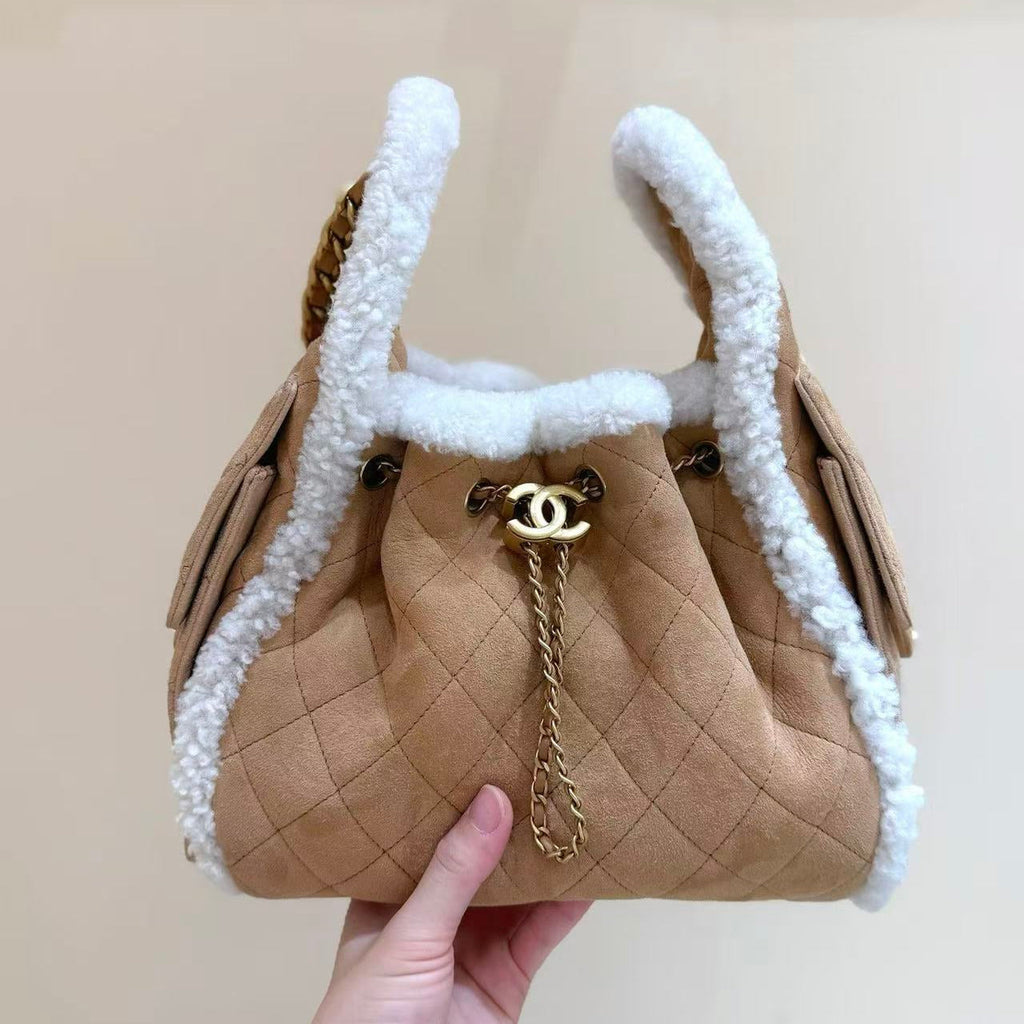 CC 25C Hobo Bag 30cm Brown White Suede Wool Gold Hardware
