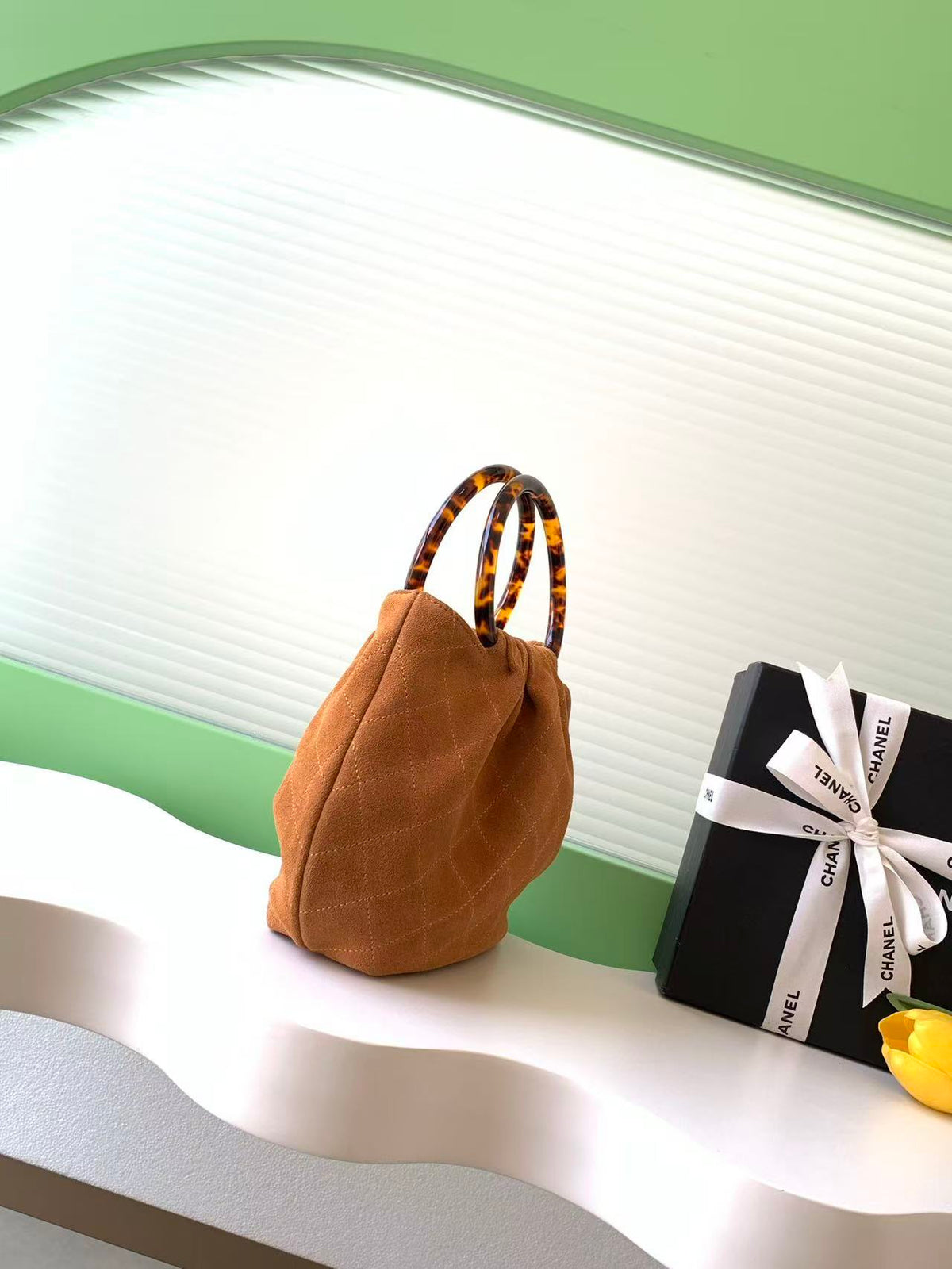 Chanel 2026 Pouch 24cm Brown Tortoiseshell Suede Effect Plexi