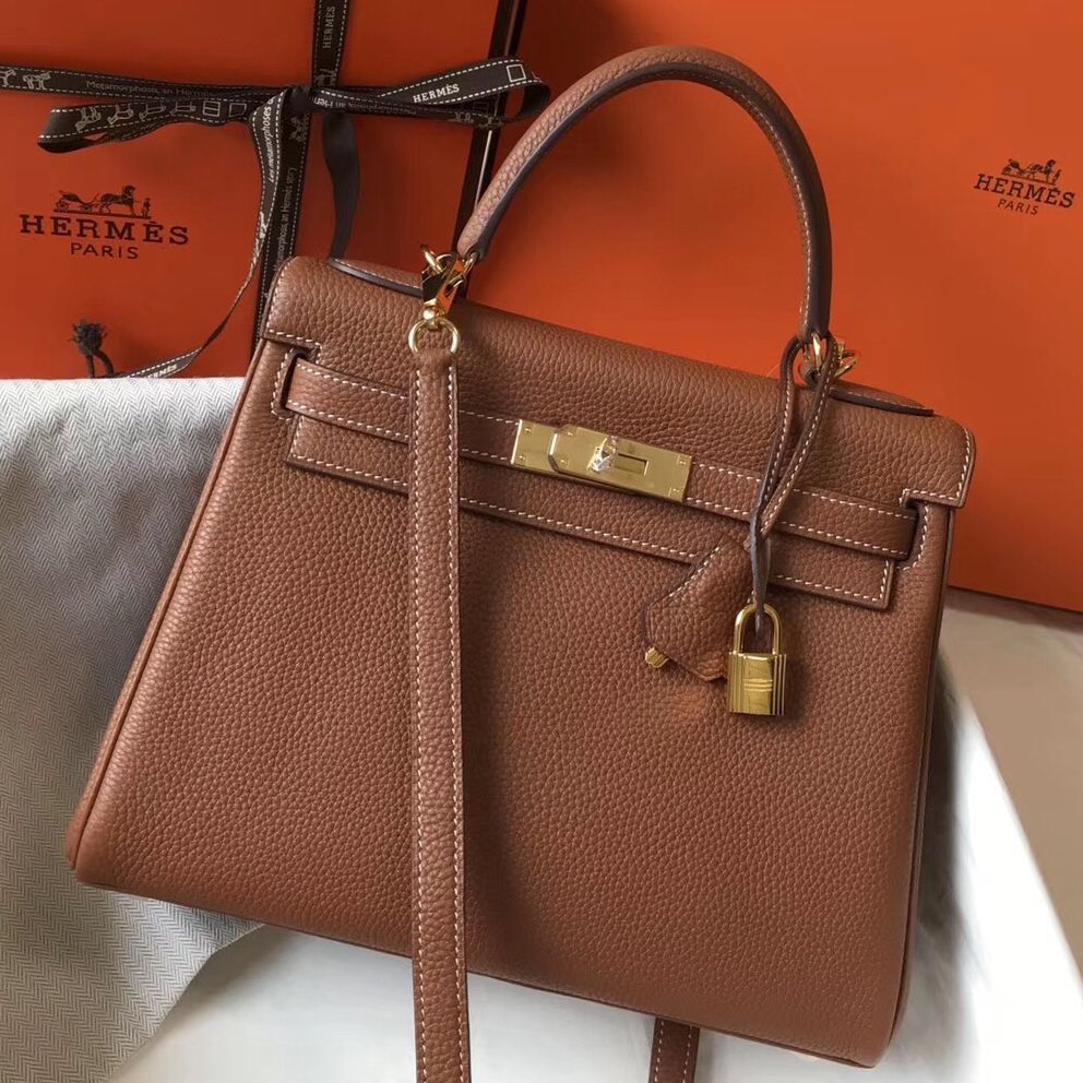 HM KELLY 28CM BROWN TOGO LEATHER GOLD HARDWARE