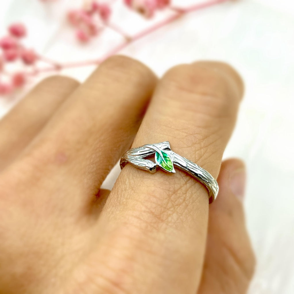 Sterling Silver Enamel Leaf Adjustable Couple Rings