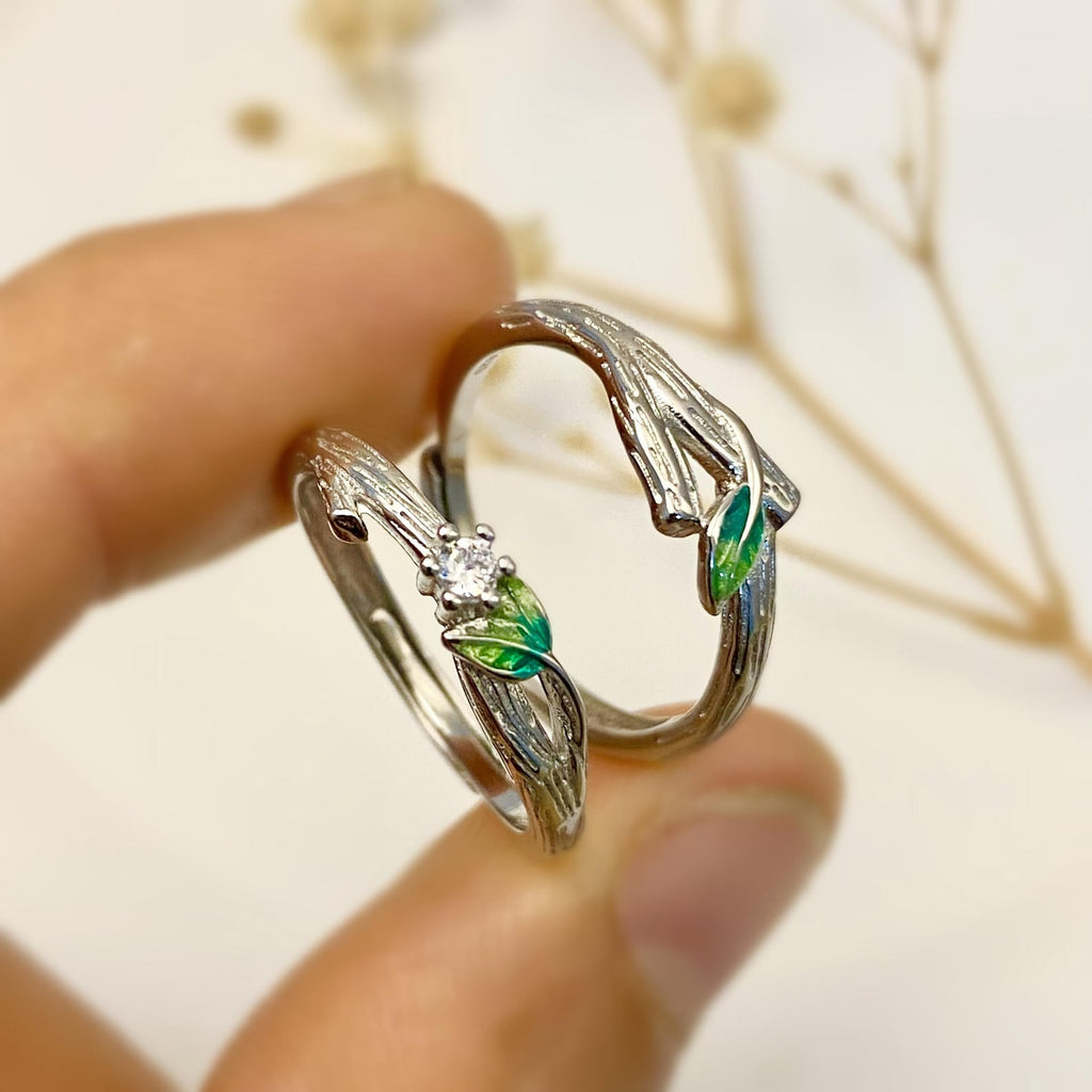 Sterling Silver Enamel Leaf Adjustable Couple Rings