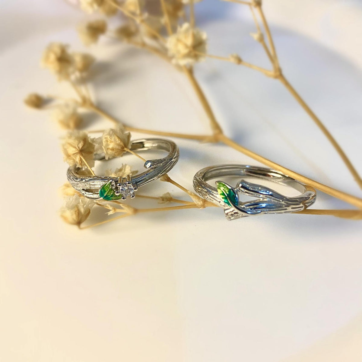 Sterling Silver Enamel Leaf Adjustable Couple Rings